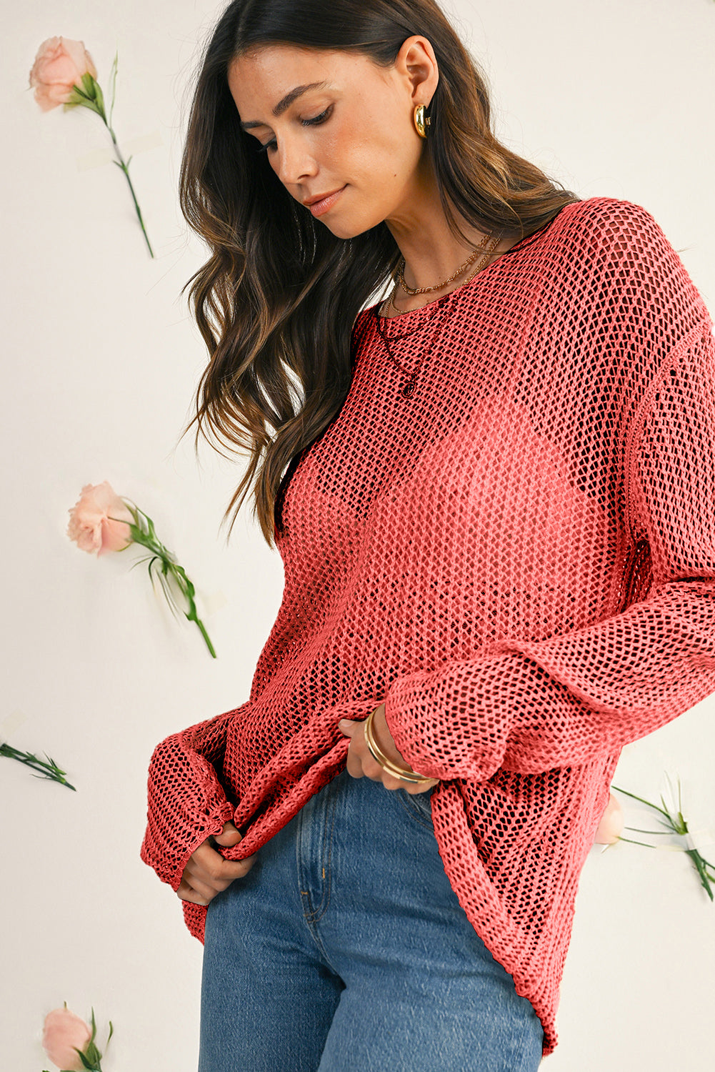Coral Crochet Hollow-out Knit Sweater