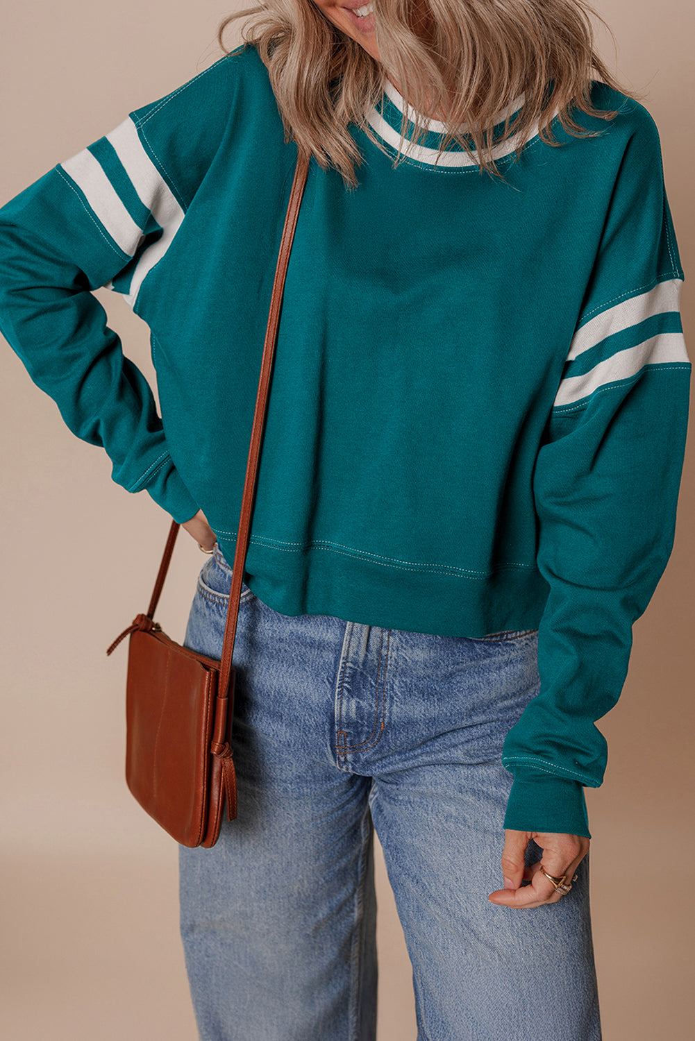 Blackish Green Contrast Striped Patchwork Drop Shoulder Sweatshirt