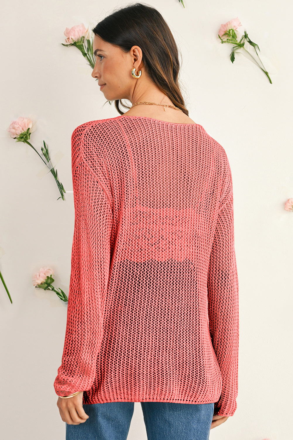 Coral Crochet Hollow-out Knit Sweater