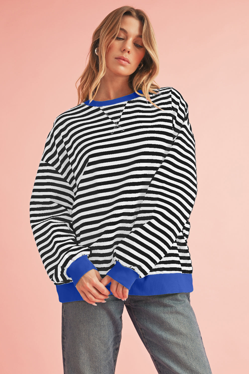 Black Stripe Contrast Edge Cross Seam Oversized Sweatshirt