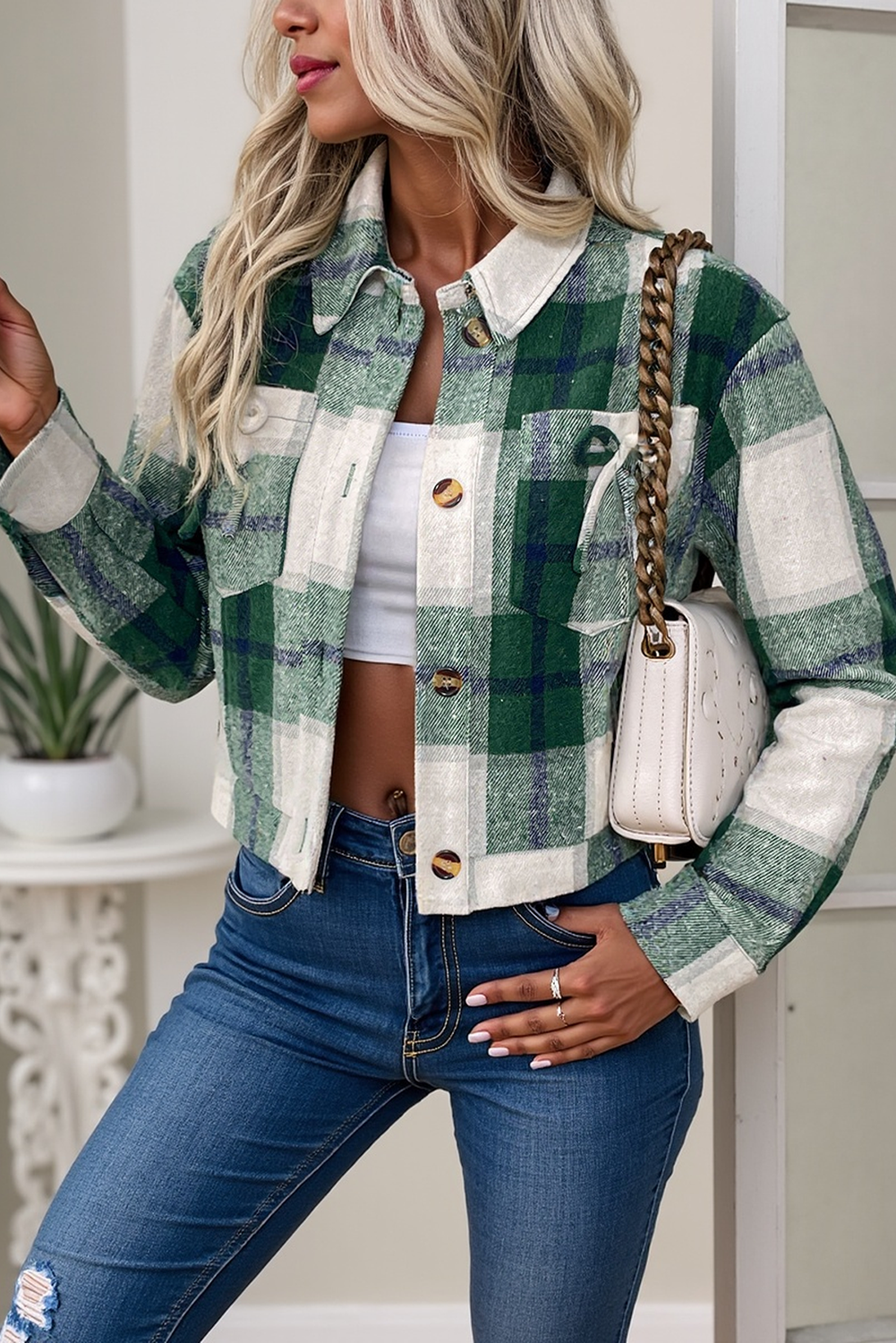 Green Plaid Flap Pocket Cropped Shacket