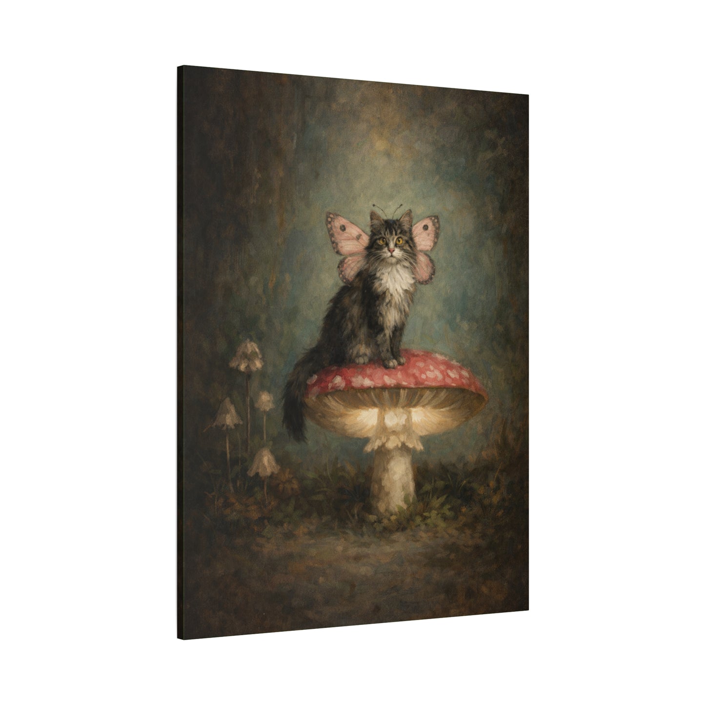 Whimsical Cat on Mushroom Canvas