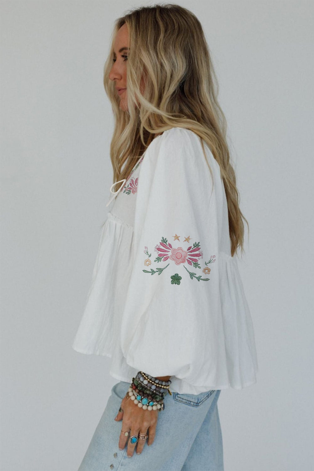 White Flower Lace-up V Neck Flowy Babydoll Blouse
