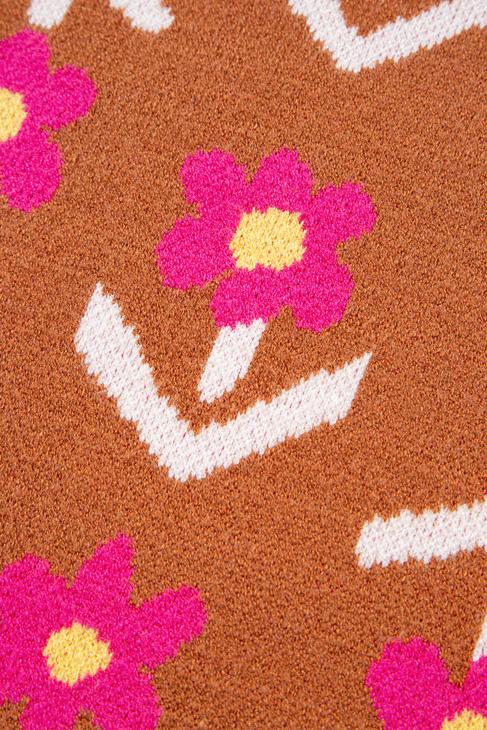 Brown Floral Pattern Short Puff Sleeve Sweater