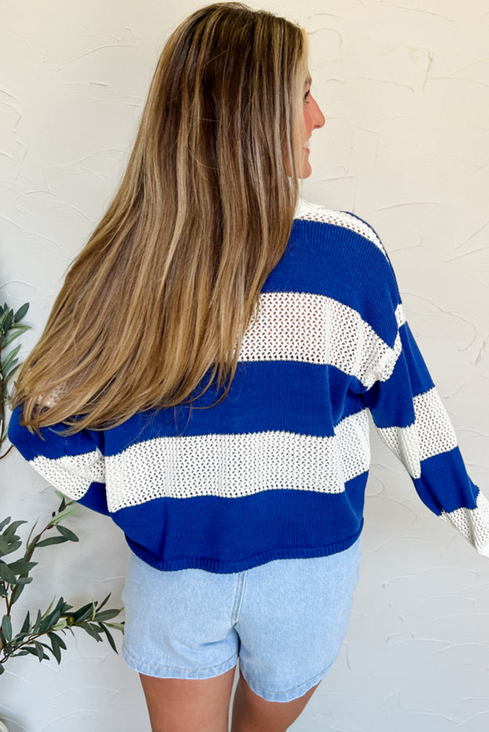 Blue Stripe Colorblock Polo Collar Eyelet Crochet Knit Sweater