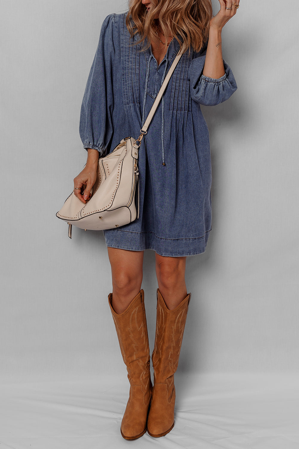 Sail Blue Pleated V Neck 3/4 Sleeve Denim Mini Dress