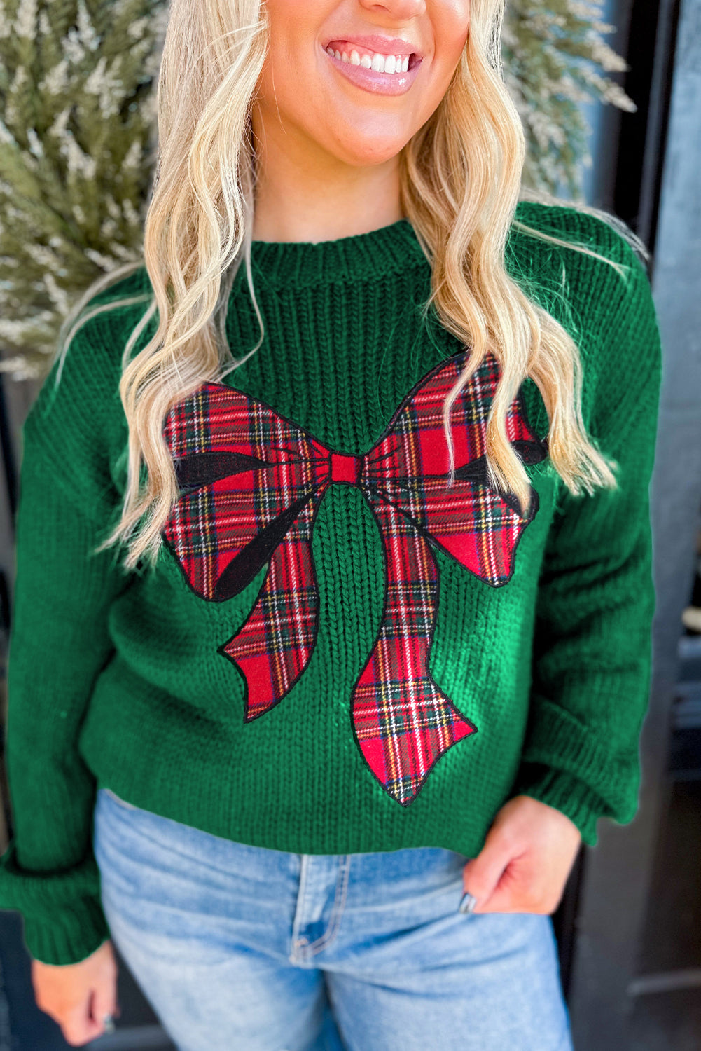 Evergreen Plaid Bow Graphic Christmas Sweater