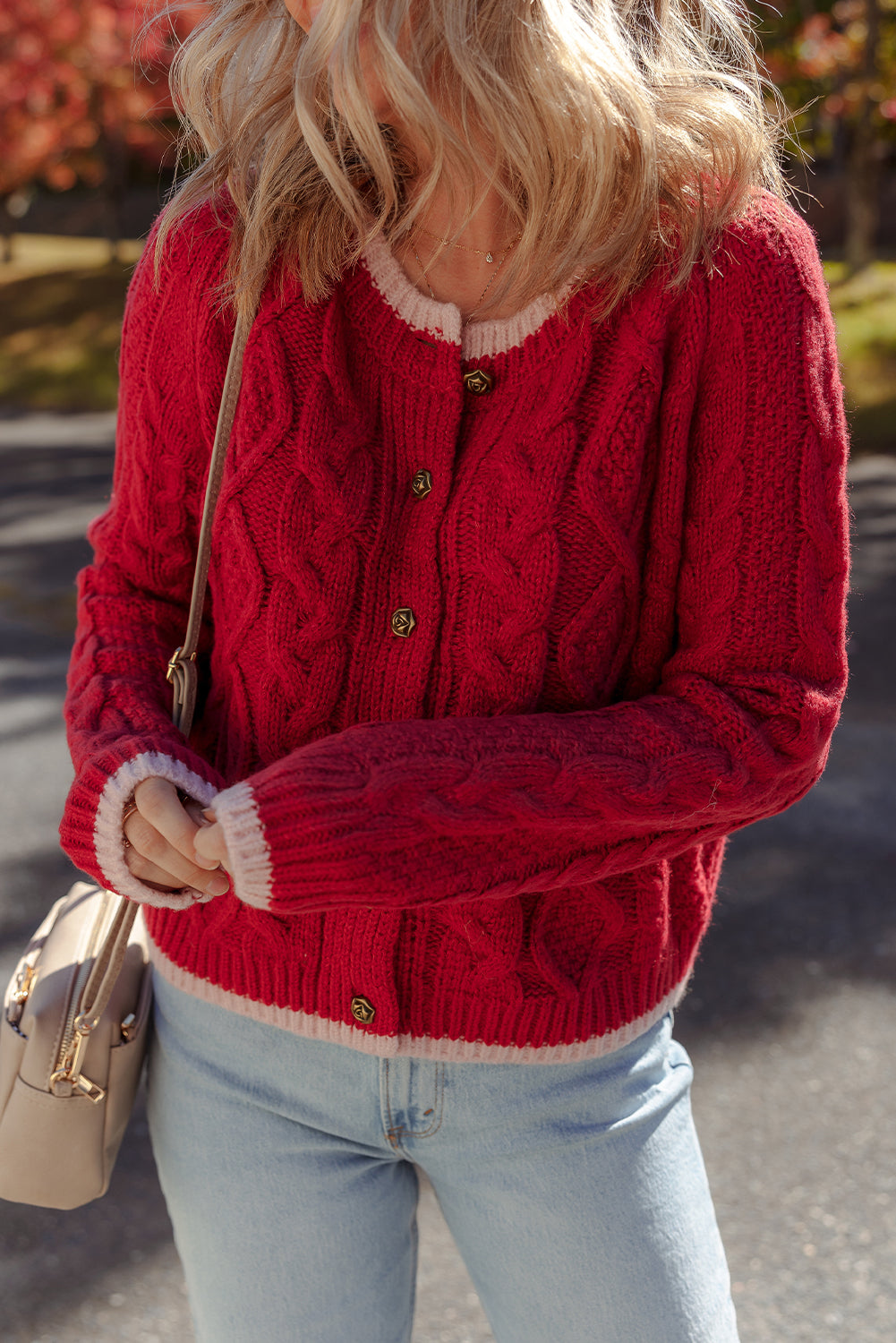 Racing Red Contrast Edge Twist Cable Knit Buttoned Cardigan
