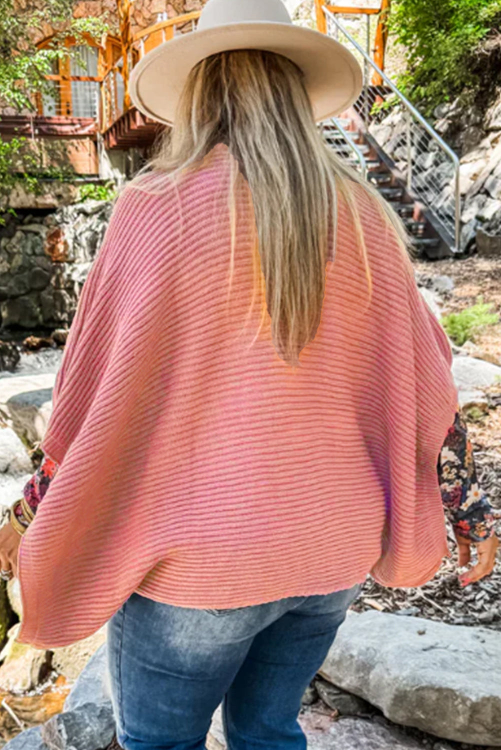 Light Pink Ribbed Knit Half Sleeve Plus Size Poncho Style Sweater
