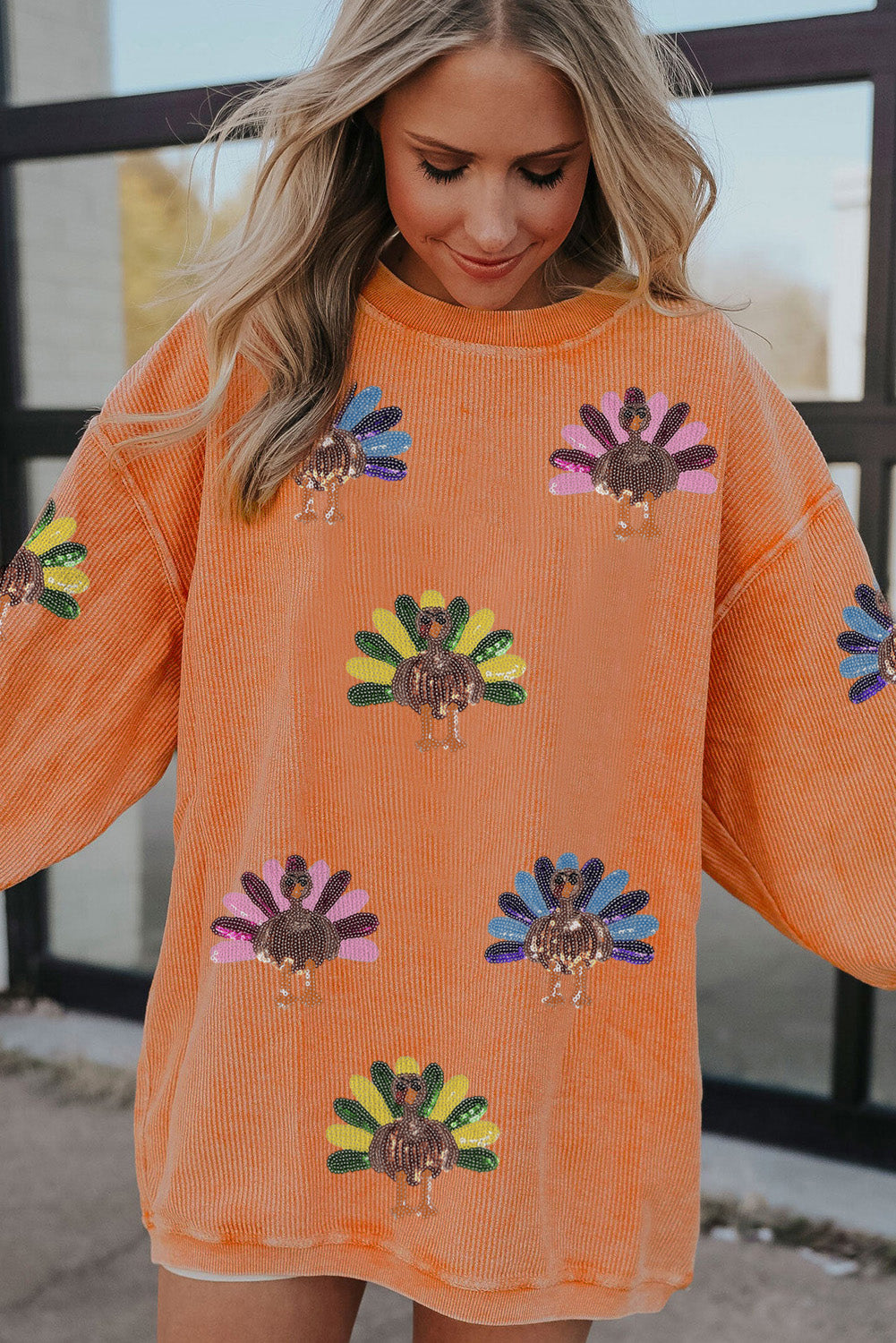 Orange Turkey Graphic Sequins Patch Corded Baggy Sweatshirt