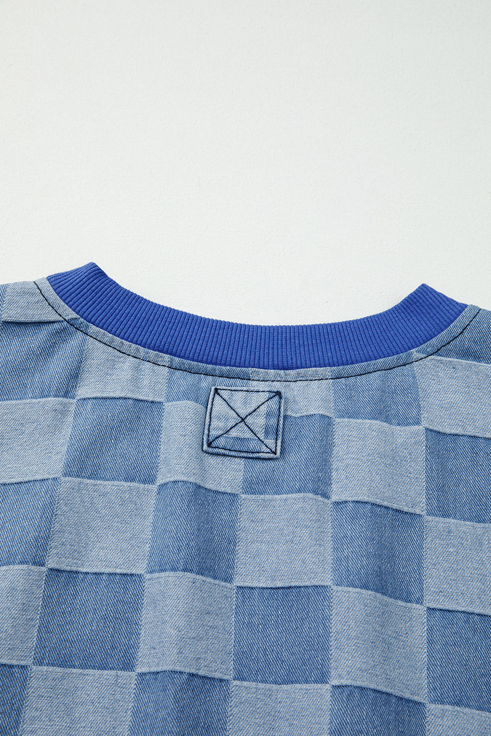 Sky Blue Checkerboard Splicing Raw Detail Oversized Denim Pullover