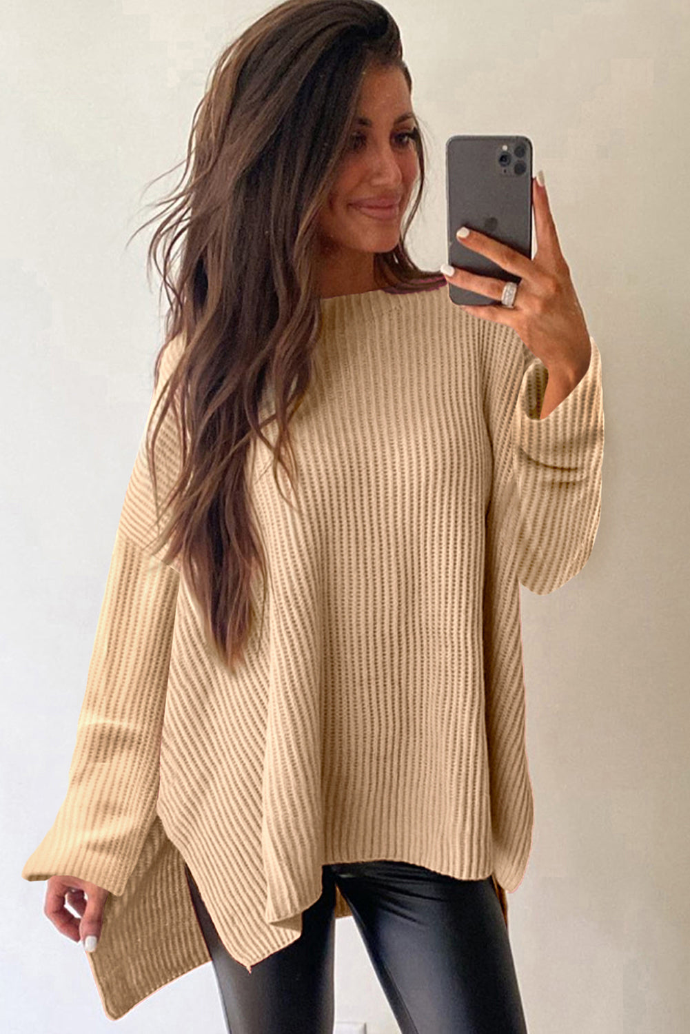 Apricot Plain Side Slits Oversized Sweater