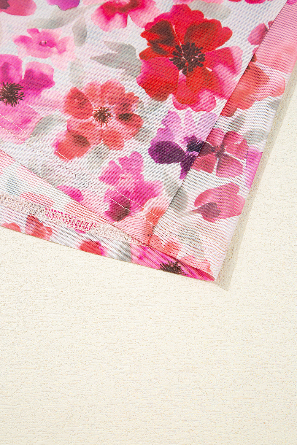 Red Floral Print Long Sleeve Slim Fit Mesh Top