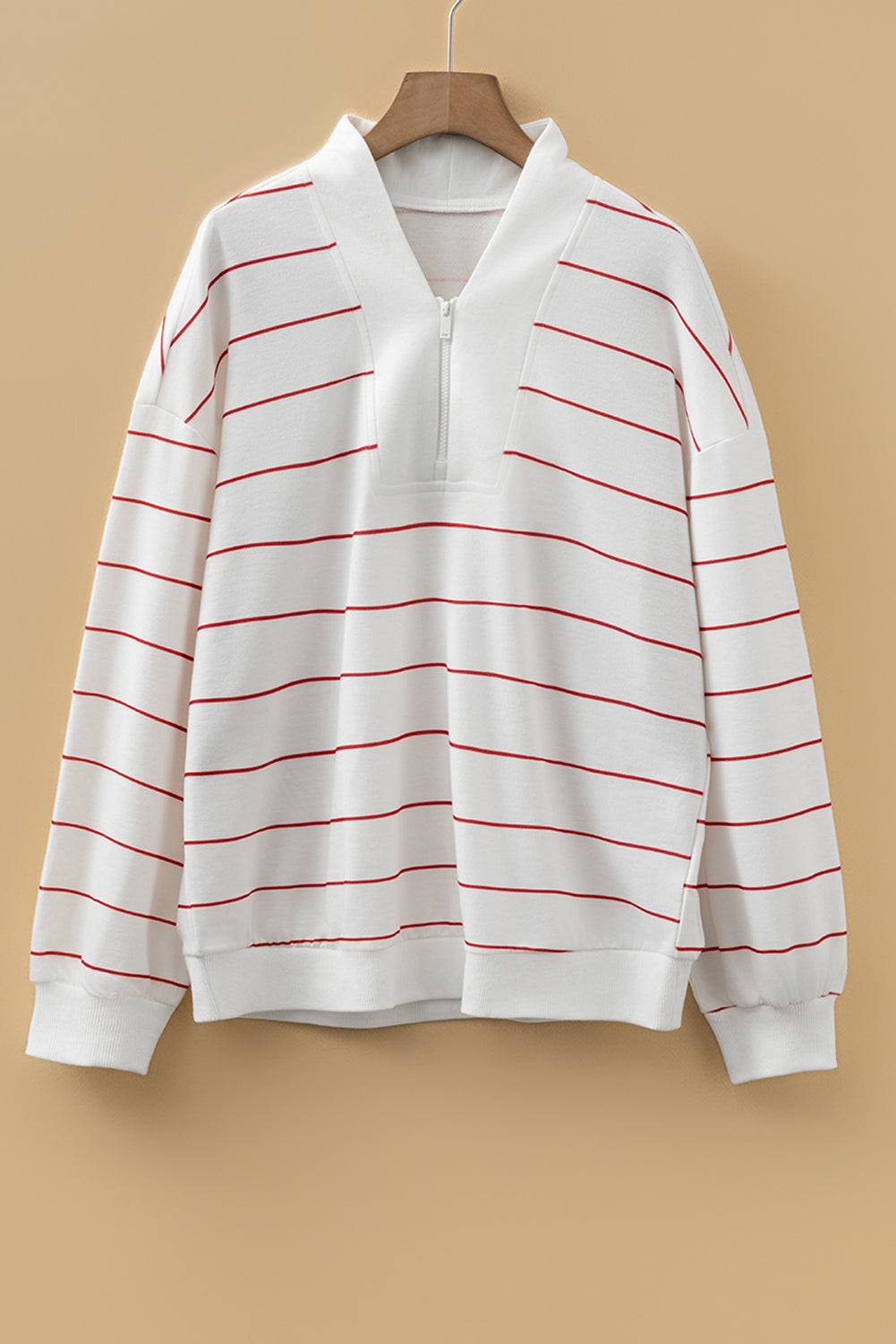 Fiery Red Striped Zipper V-Neck Drop Sleeve Top