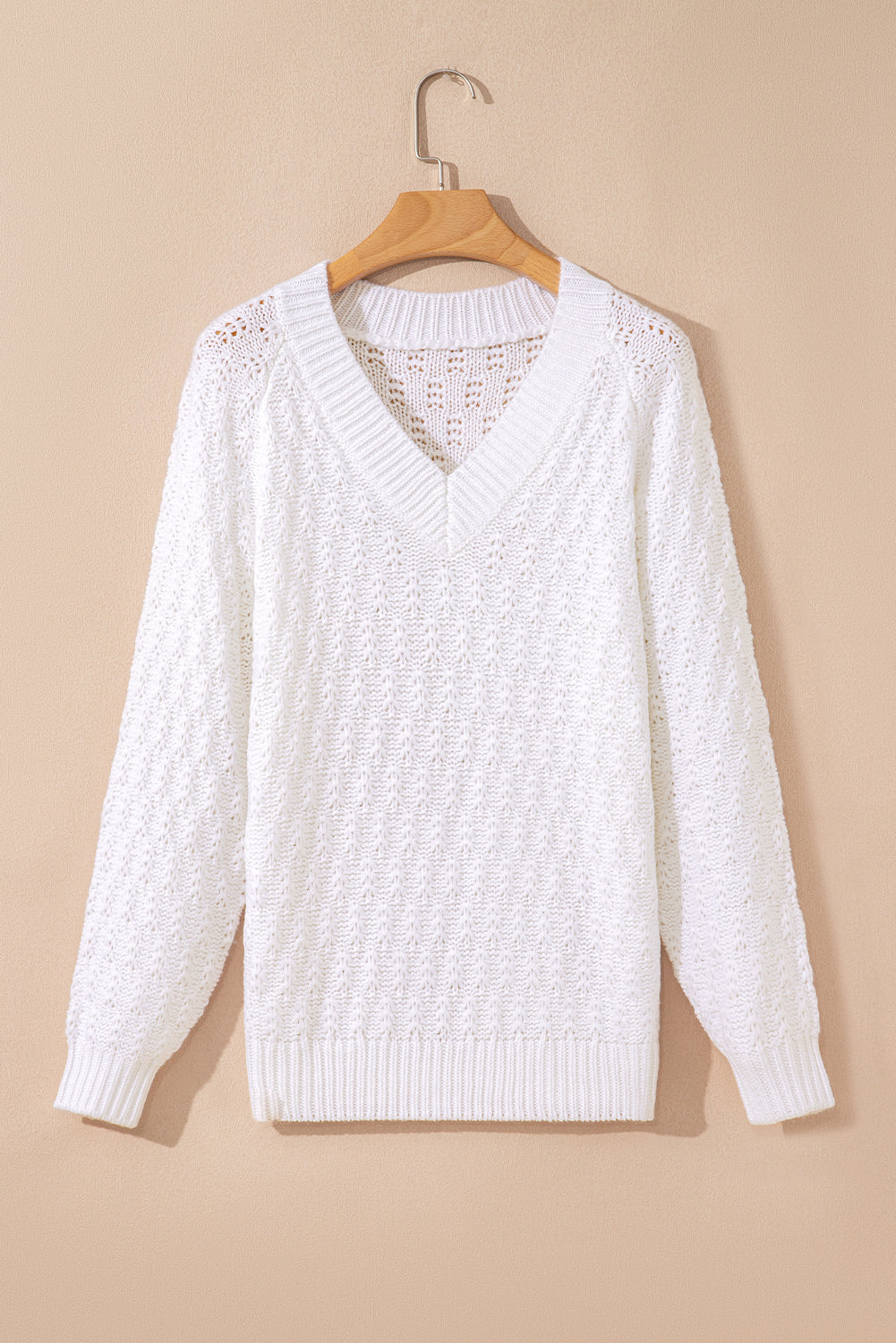 White Plain Knit Ribbed Edge V Neck Loose Sweater