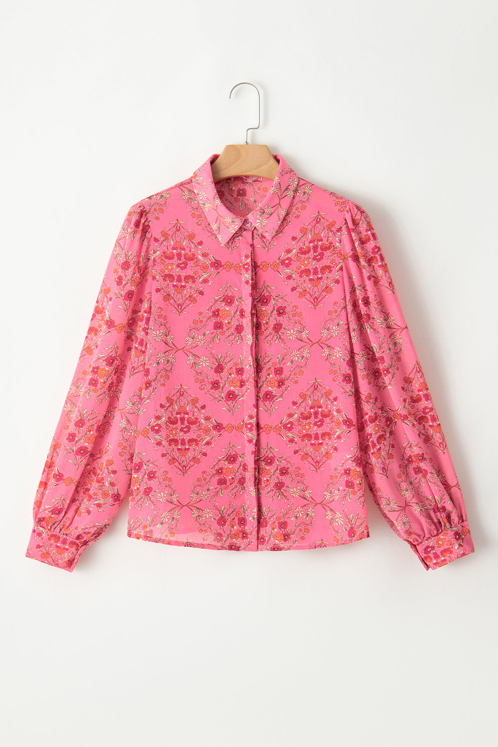 Strawberry Pink Floral Print Collared Button Up Puff Sleeve Shirt