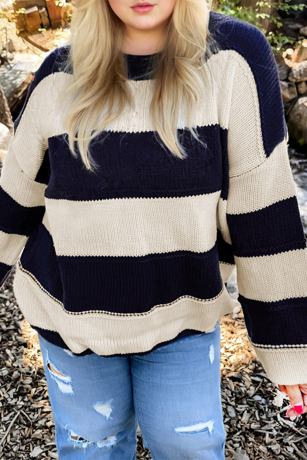 Blue Striped Plus Size Drop Shoulder Sweater