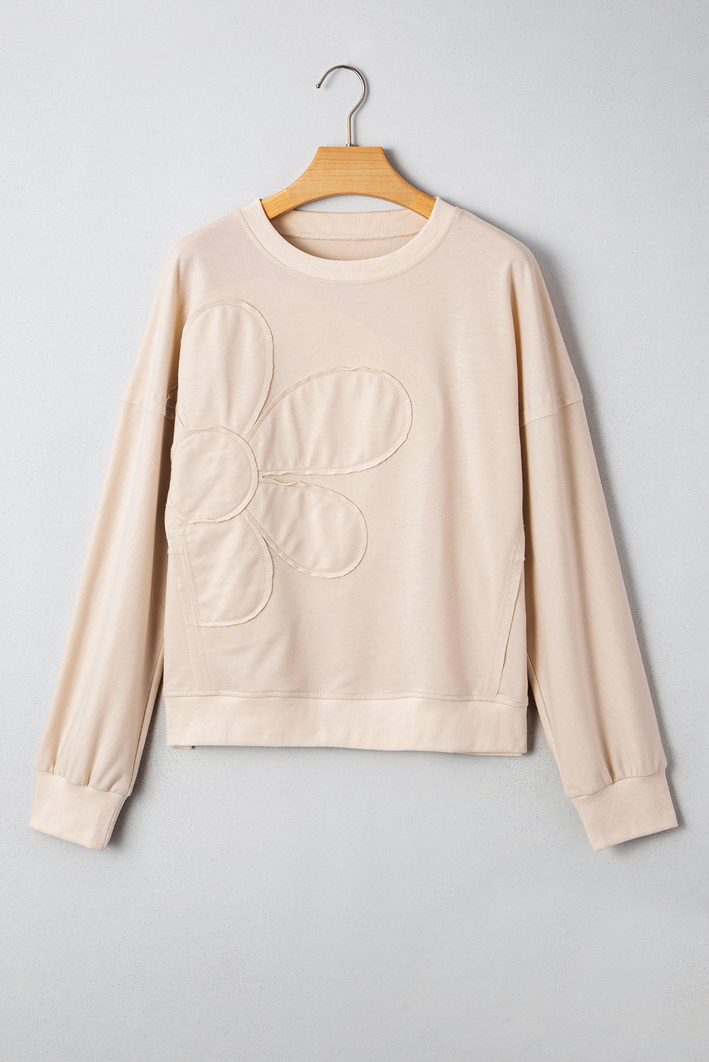 Beige Raw Edge Flower Patch Drop Shoulder Long Sleeve Top