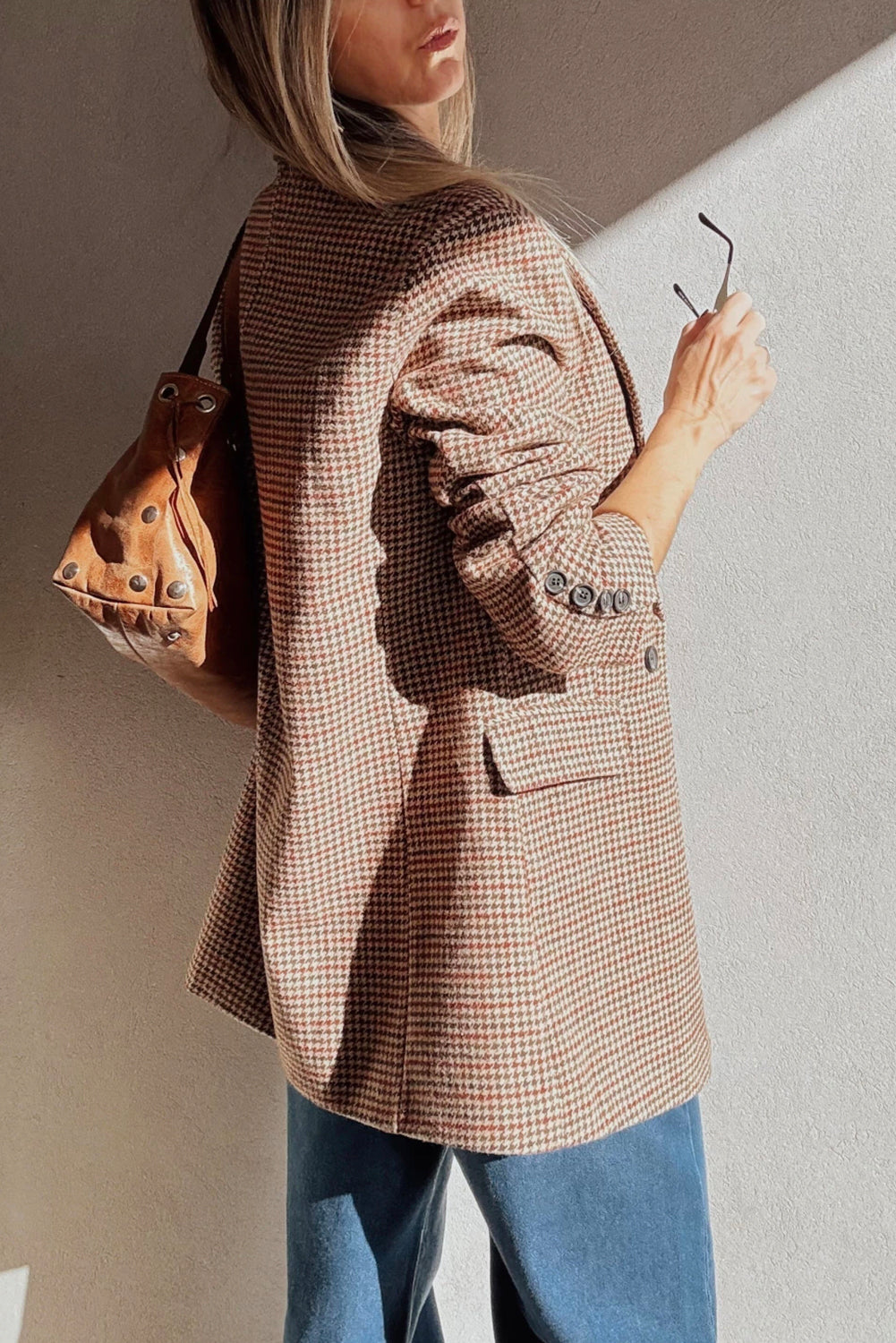 Brown Houndstooth Lapel Collar Blazer