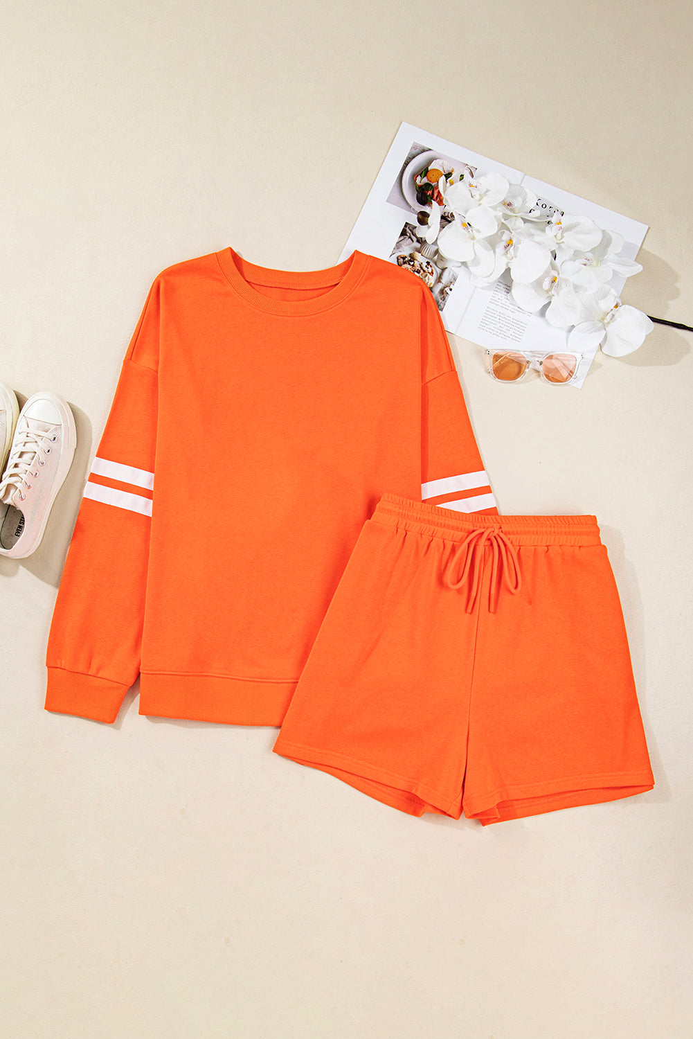 Orange Plus Size Varsity Striped Sleeve Sweatshirt and Shorts Set