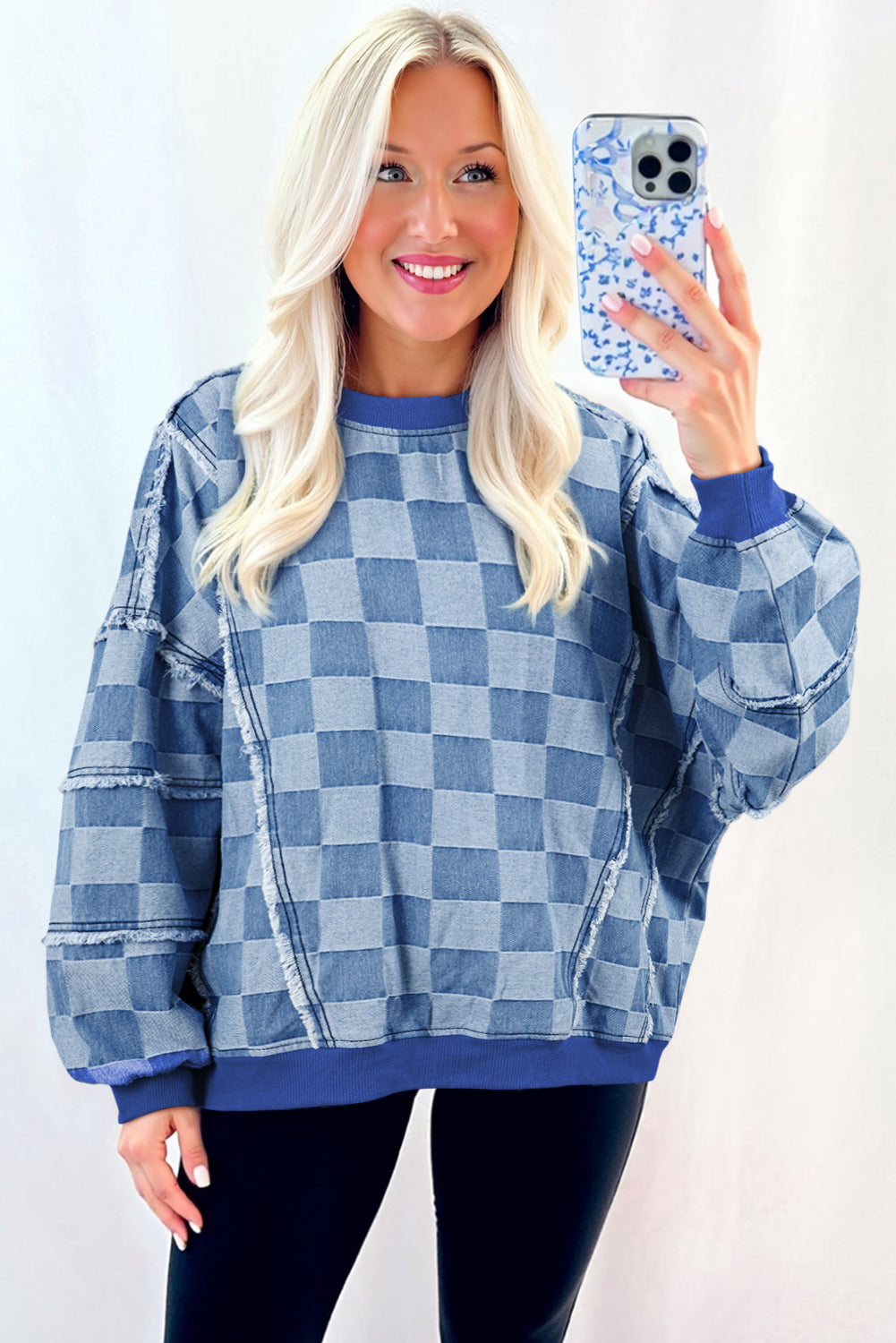 Sky Blue Checkerboard Splicing Raw Detail Oversized Denim Pullover