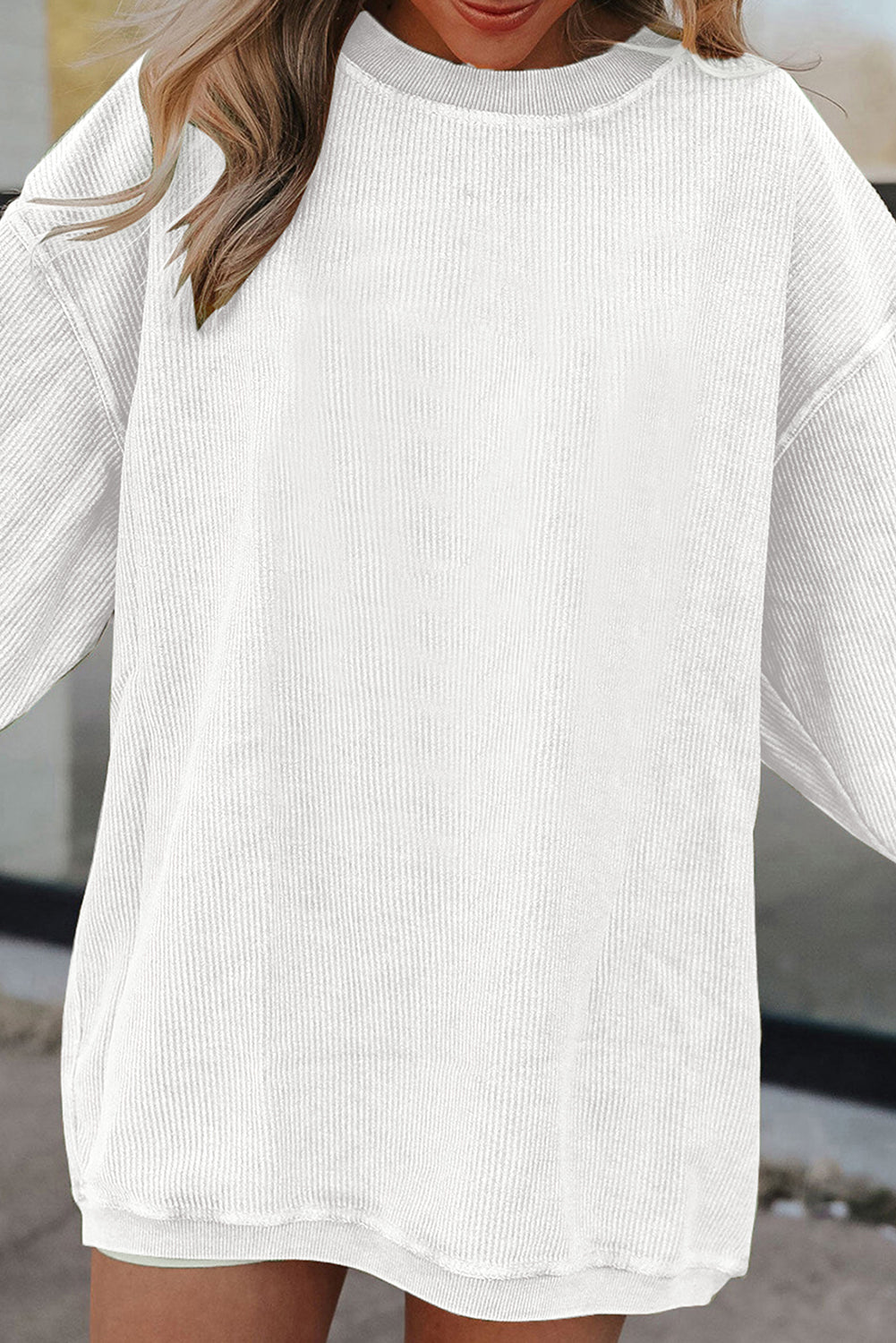 White Drop Shoulder Rib Knit Oversized Sweatshirt