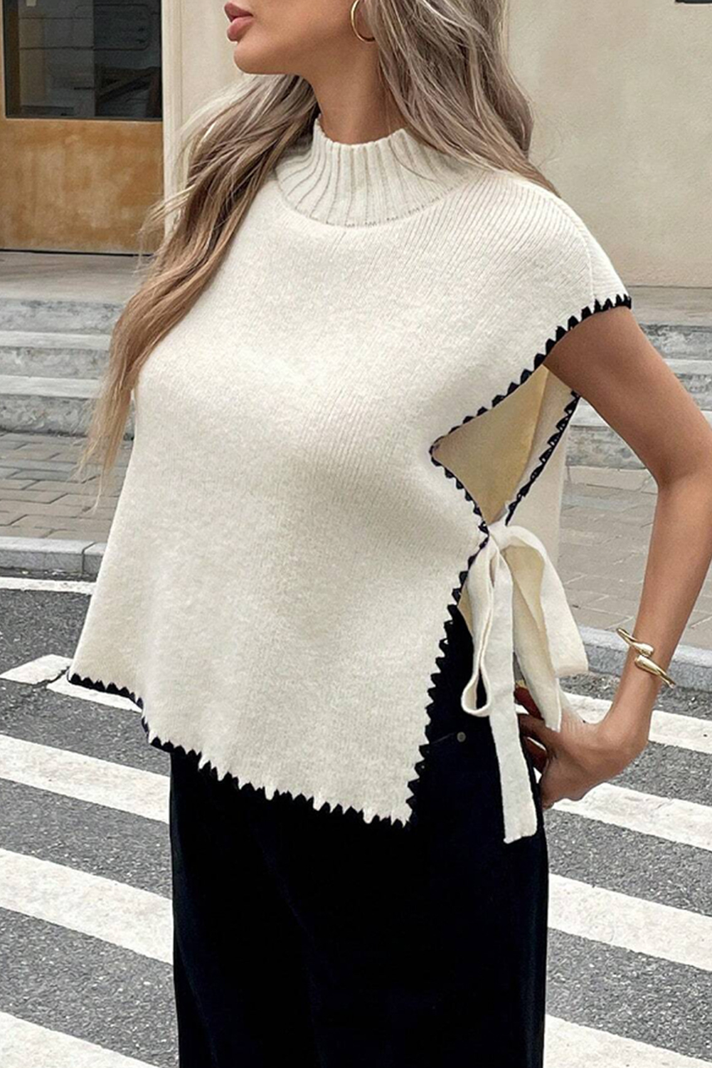 Beige Ric Rac Trim Side Knot Knit Sleeveless Top