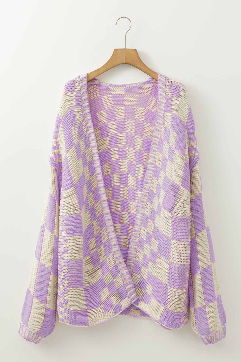 Orchid Petal Colorblock Checked Open Front Knitted Cardigan