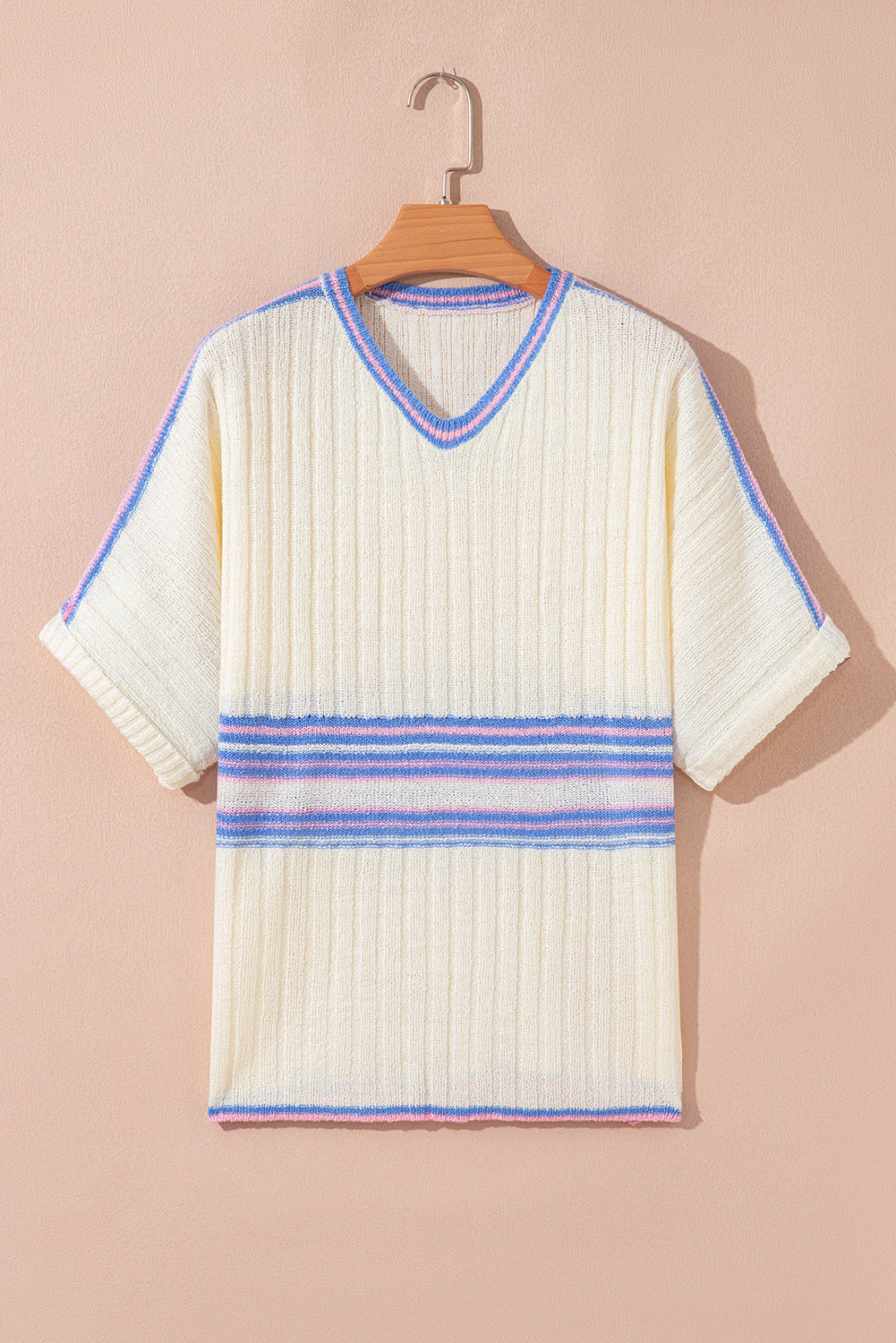 White Striped V Neck Dolman Sleeve Knit Sweater