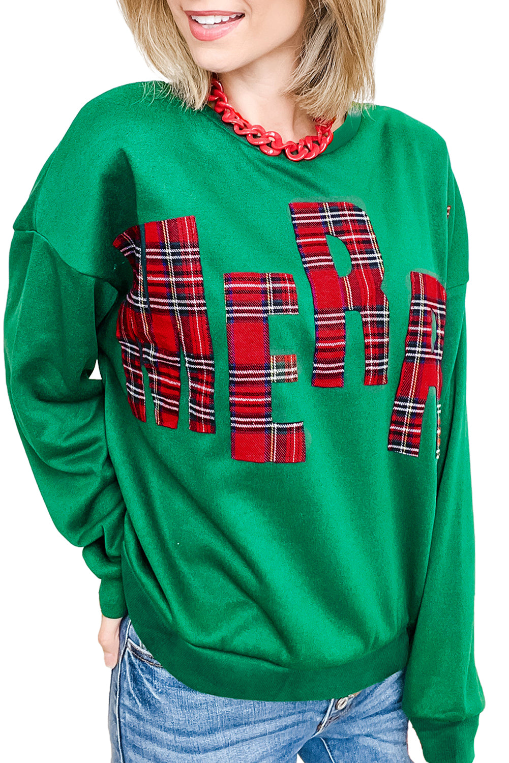 Sea Green Plaid MERRY Christmas Holiday Sweatshirt