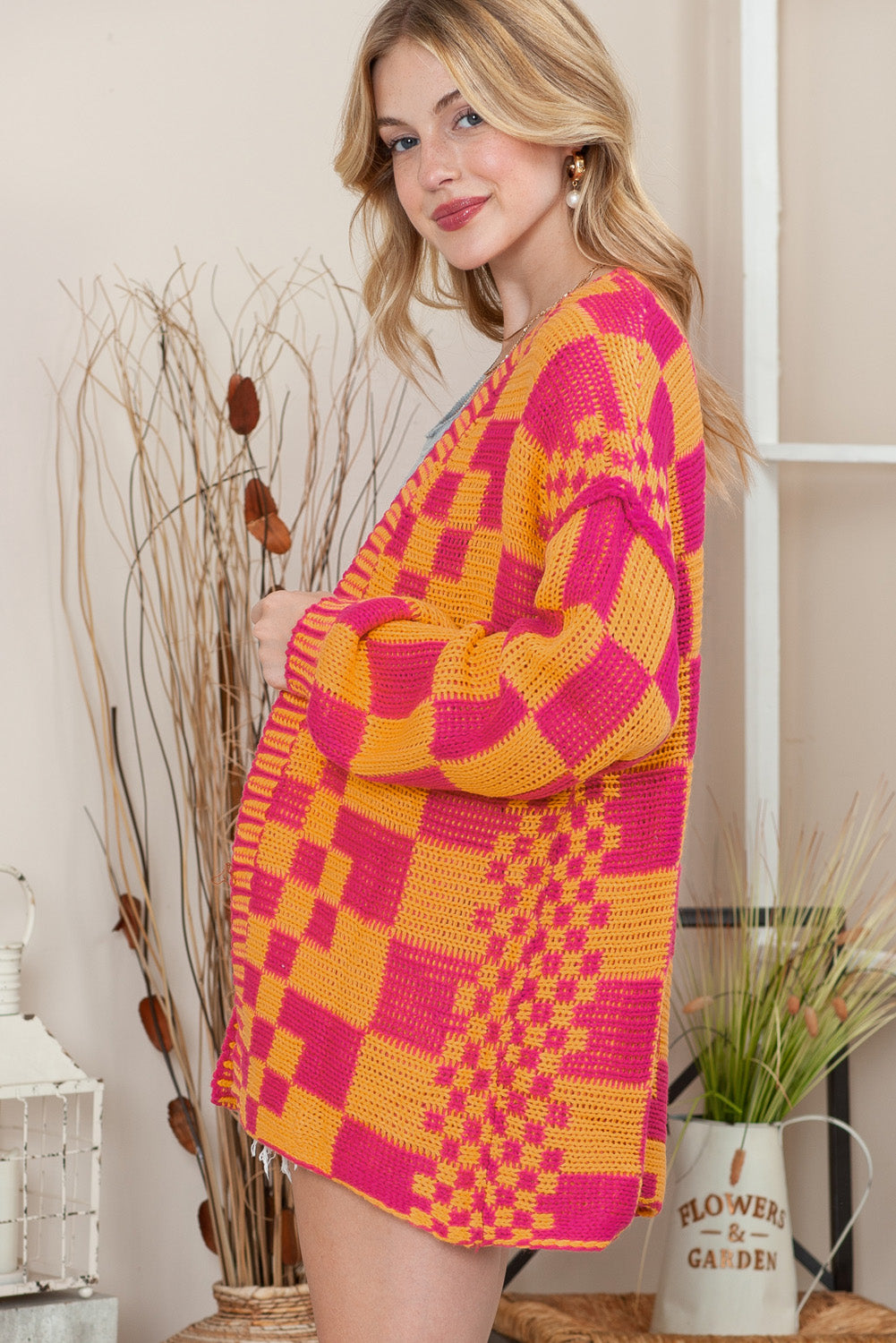 Multicolor Plaid Open Front Knitted Cardigan