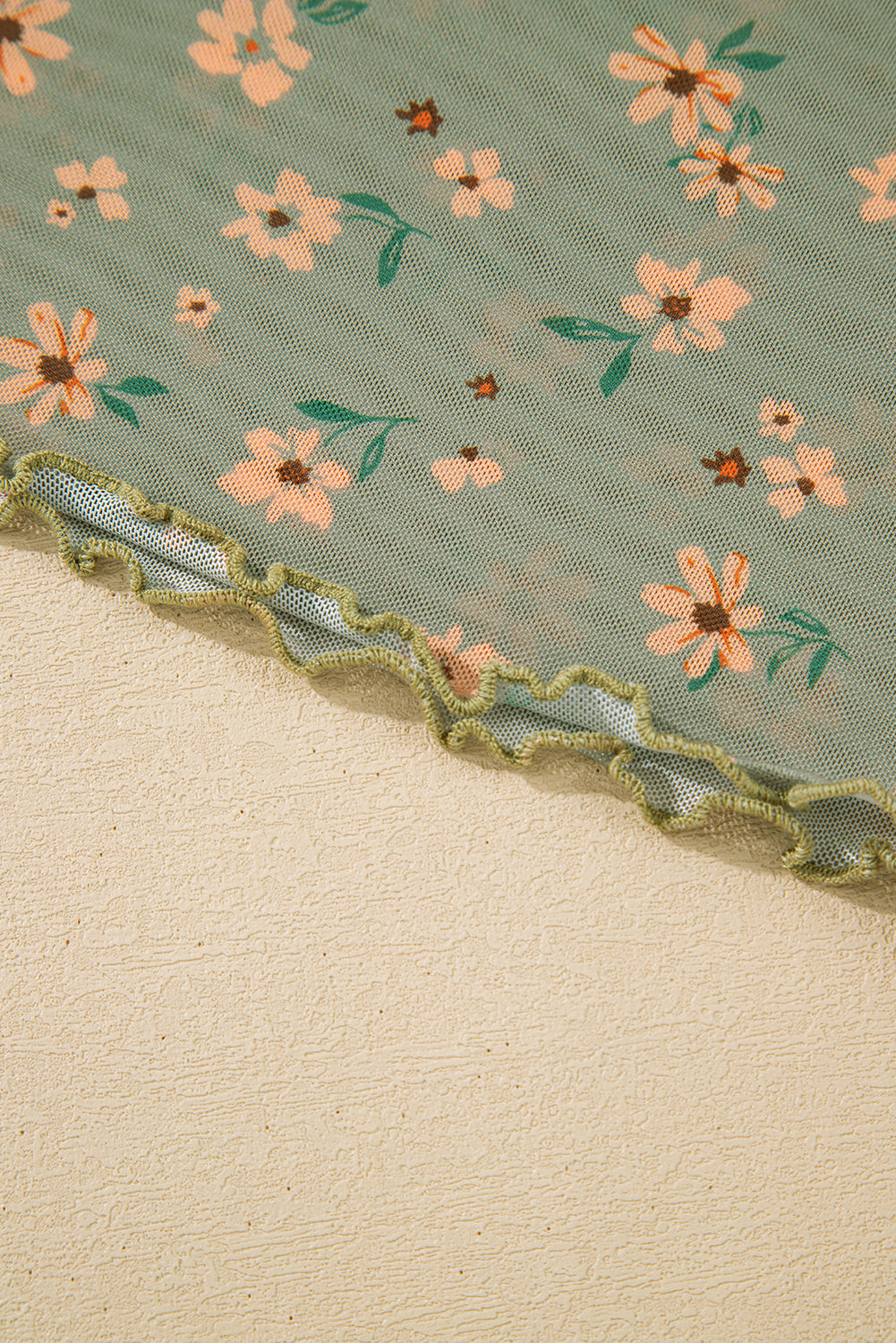 Laurel Green Floral Print Mesh Slim Fit Long Sleeve Top