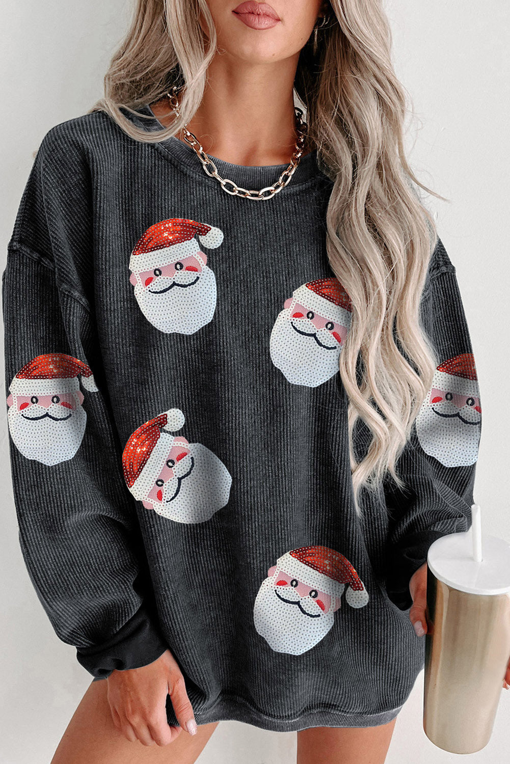 Black Santa Claus Sequins Patch Corded Christmas Graphic Sweatshirt