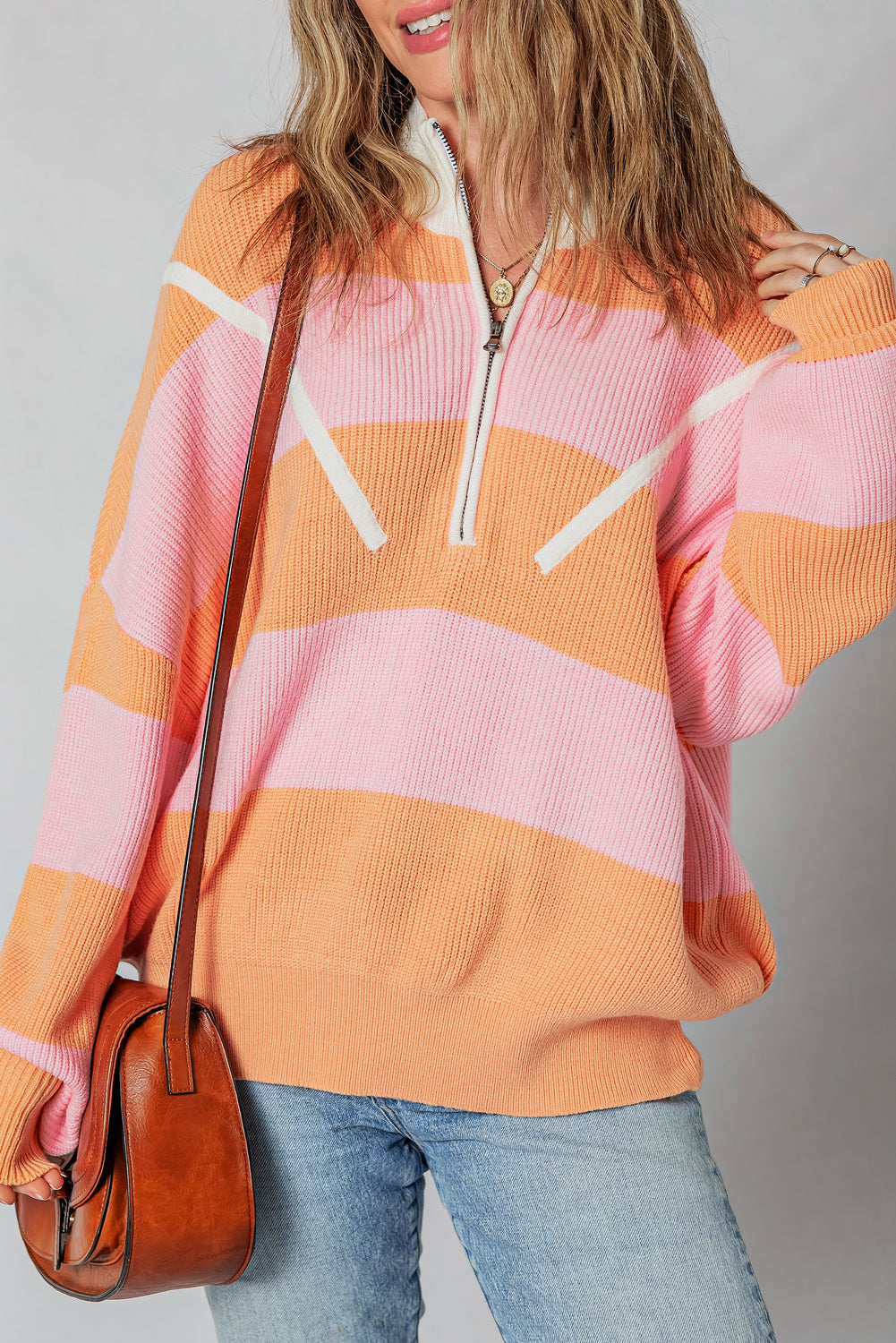 Orange Stripe Half Zip Collar Loose Sweater