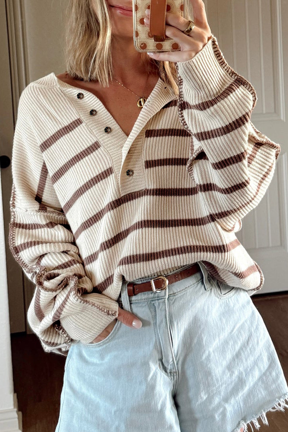 Brown Striped Exposed Seam Loose Henley Sweater