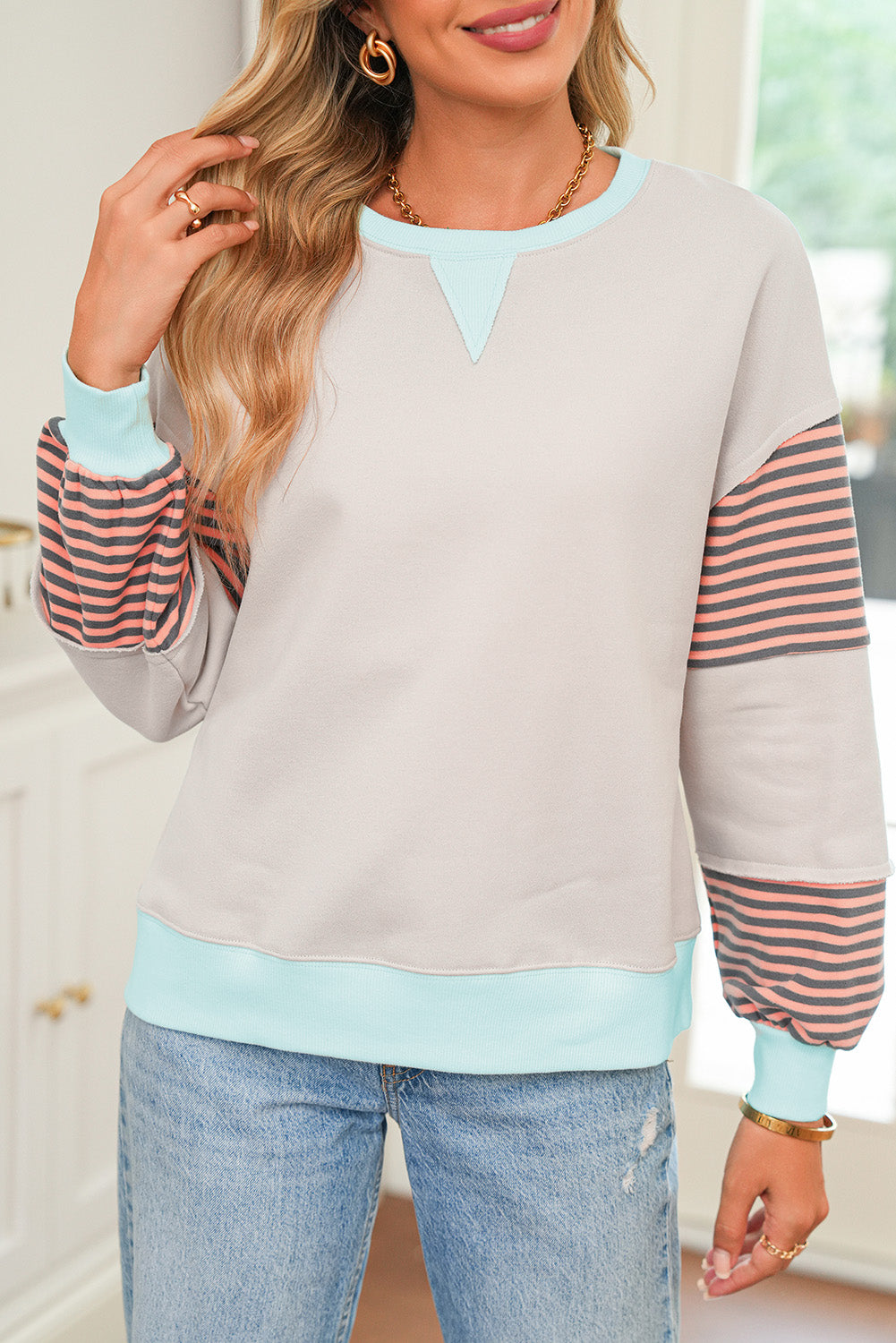 Jet Stream Colorblock Patchwork Striped Sleeve Sweatshirt