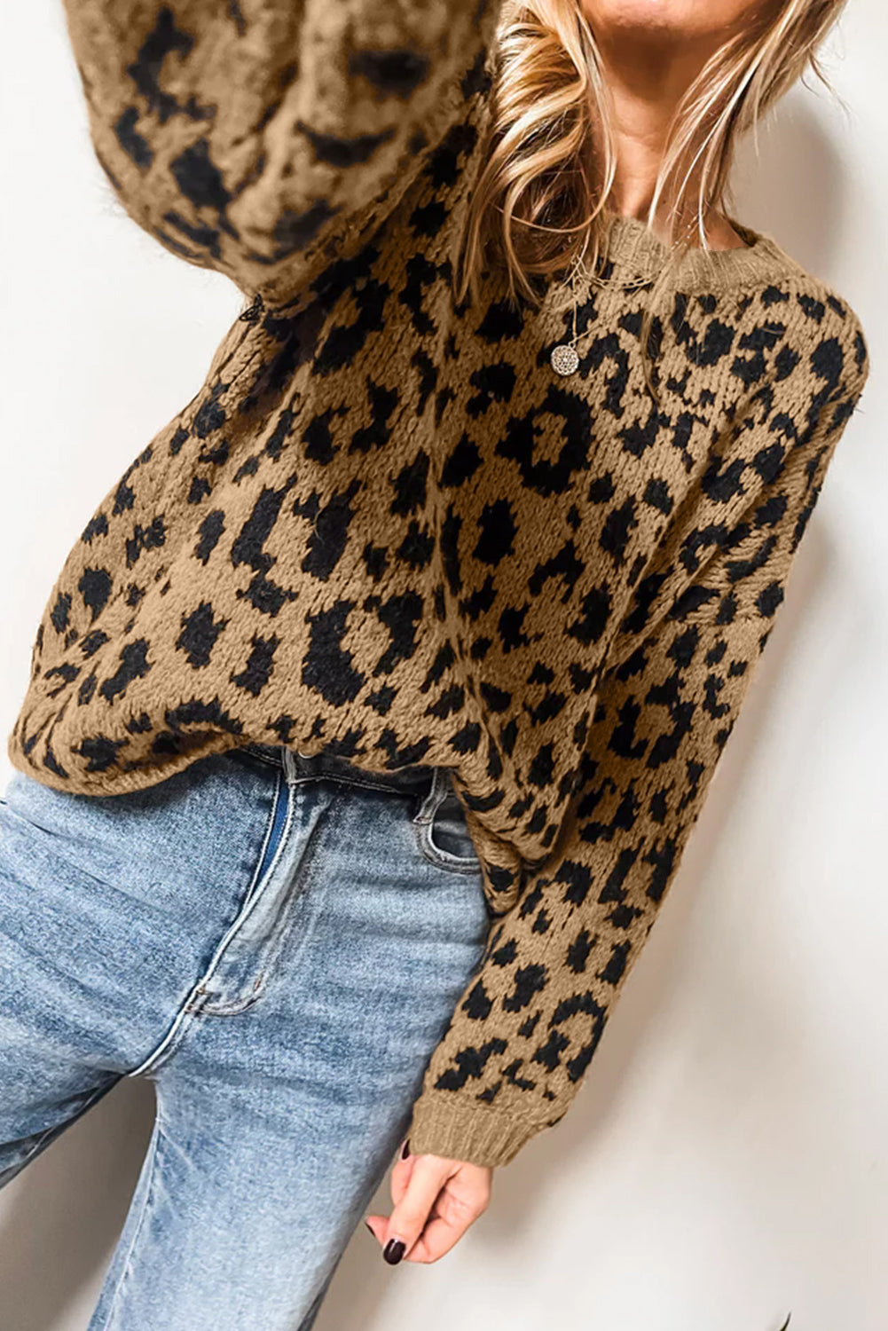 Light French Beige Leopard Round Neck Long Sleeve Sweater