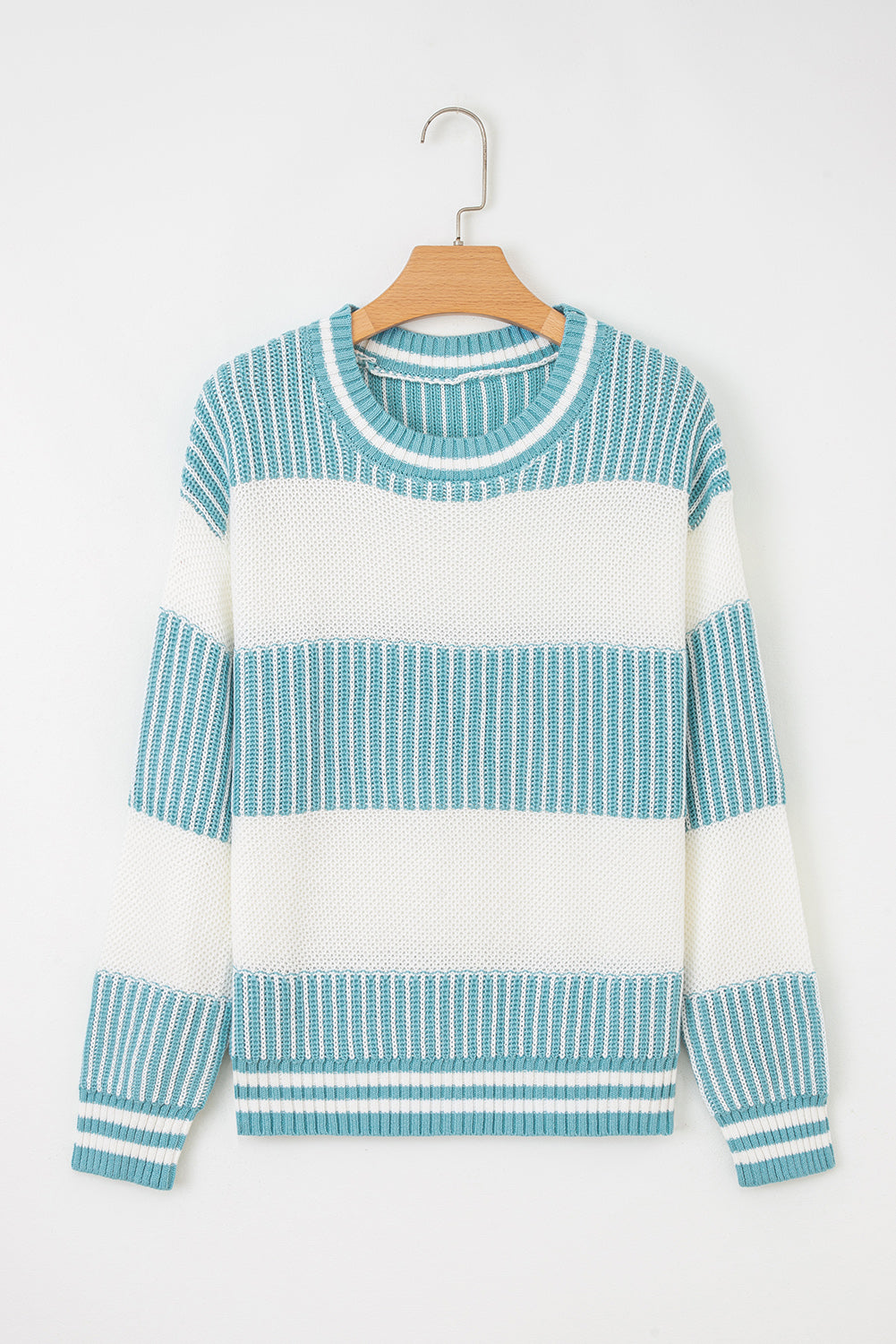 Light Blue Two Tone Striped Patchwork Drop Shoulder Sweater