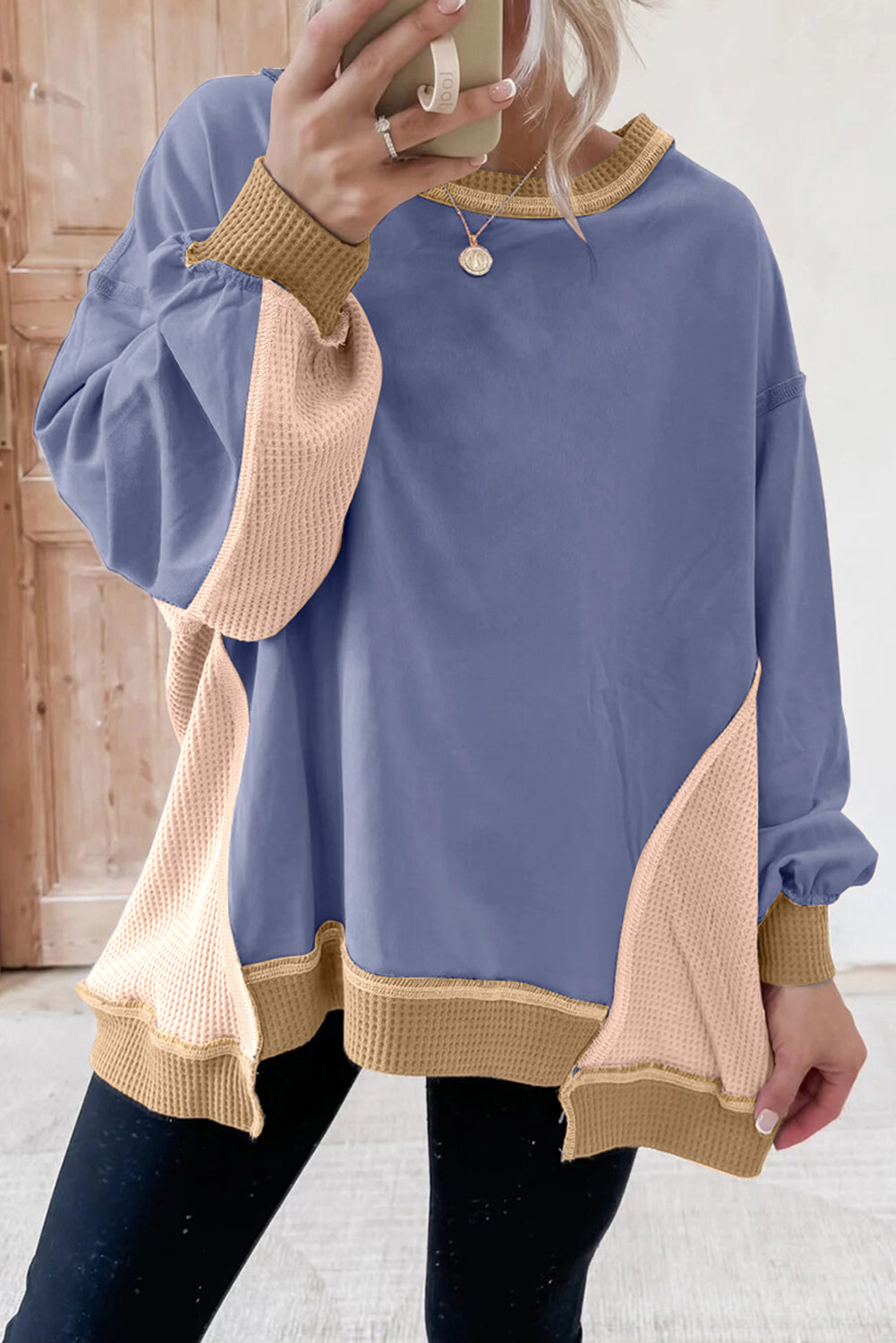 Wild Wind Colorblock Waffle Patchwork Oversize Sweatshirt