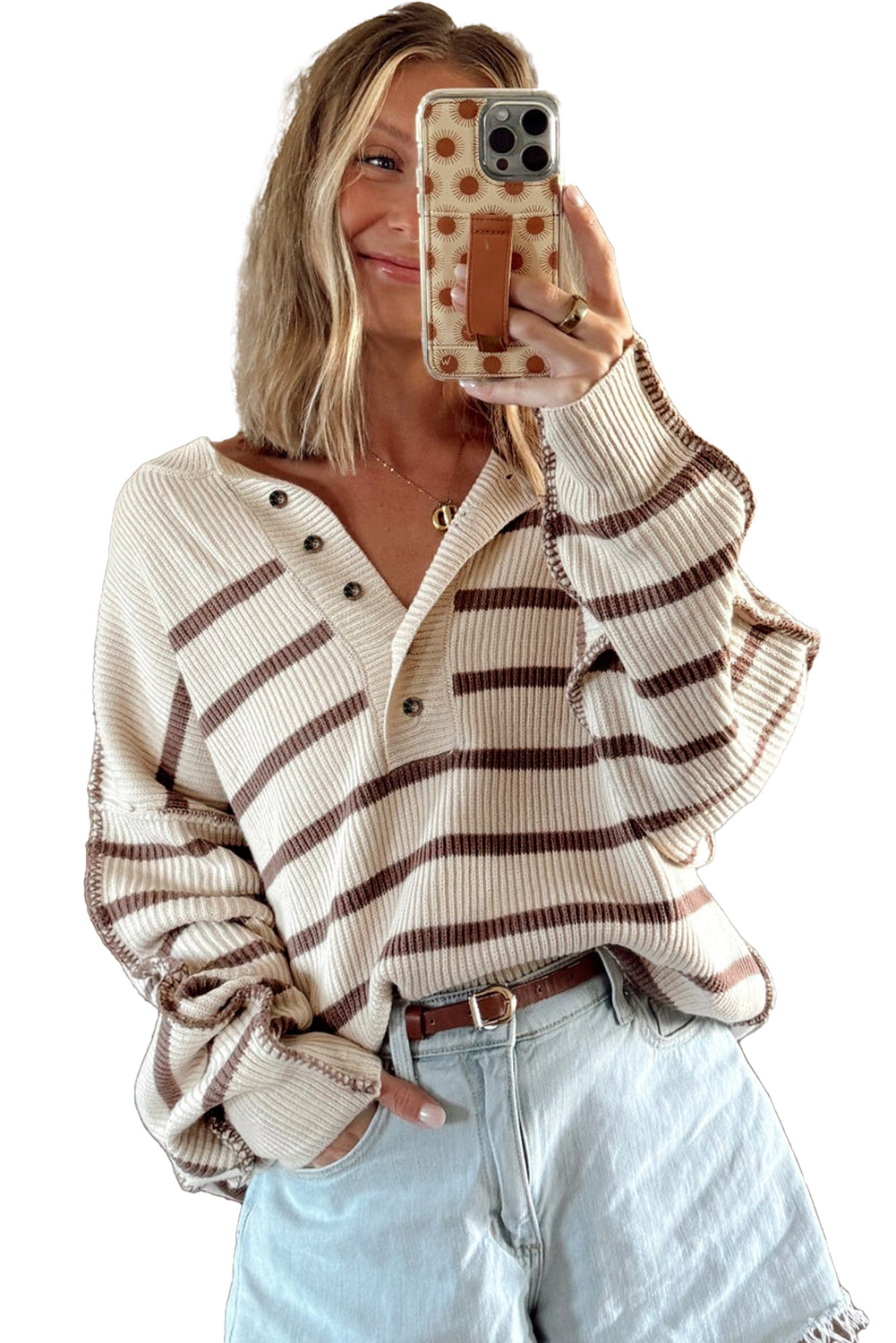 Brown Striped Exposed Seam Loose Henley Sweater