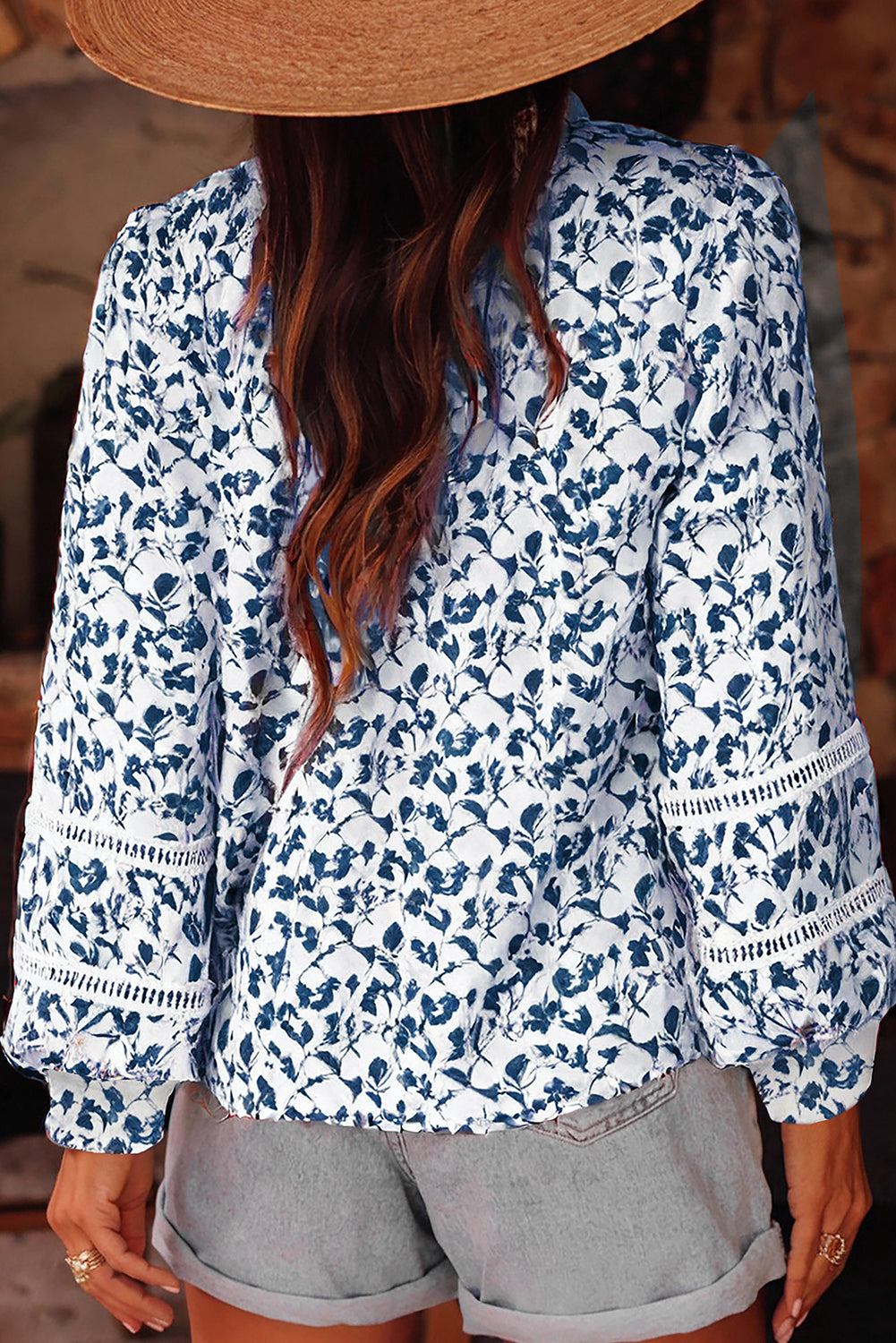 Blue Floral Print Lace Detail Puff Sleeve Shirt