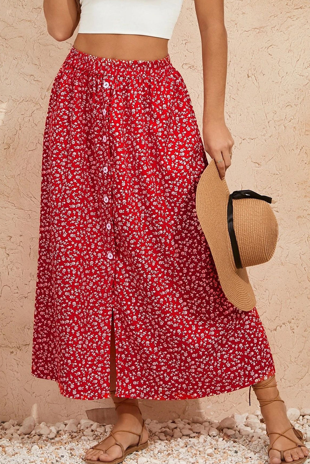 Red Floral Print Button Down Skirt