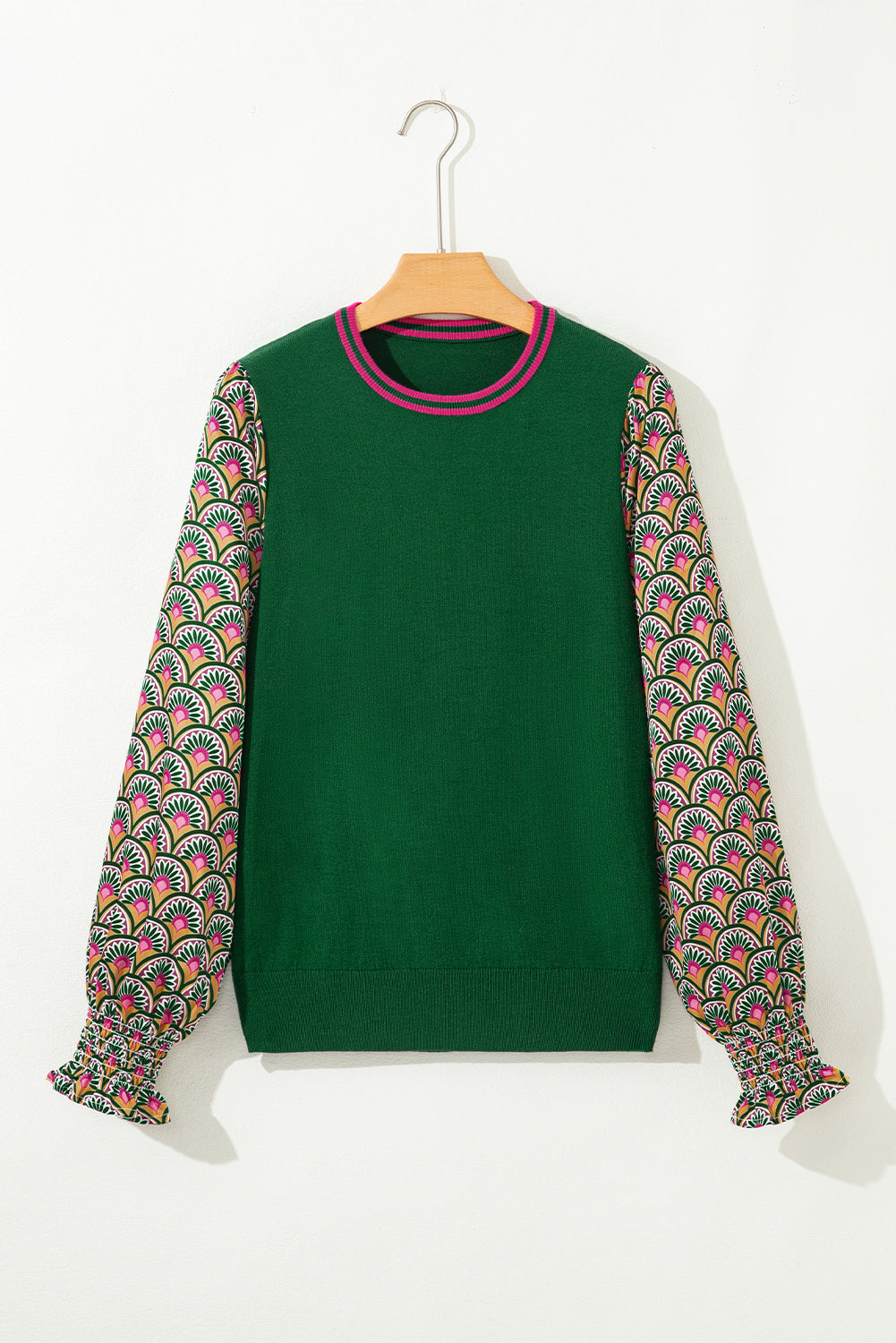 Blackish Green Floral Patchwork Shirred Cuff Puff Sleeve Sweater