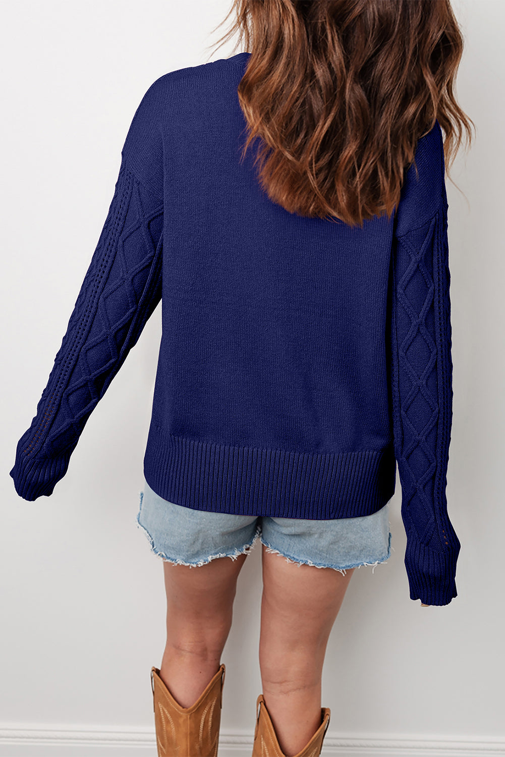 Navy Blue Mix Texture Knit Eyelet Detail Casual Sweater