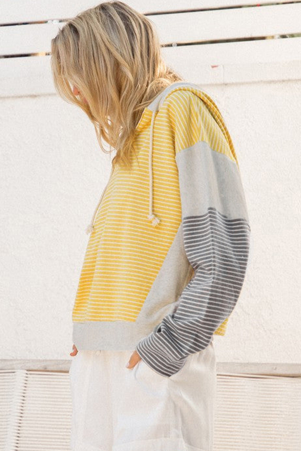 Yellow Stripe Colorblock Drawstring V Neck Loose Fit Hooded Top