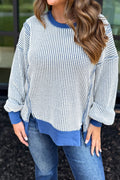 Dark Blue Waffle Knit Exposed Stitching Casual Top