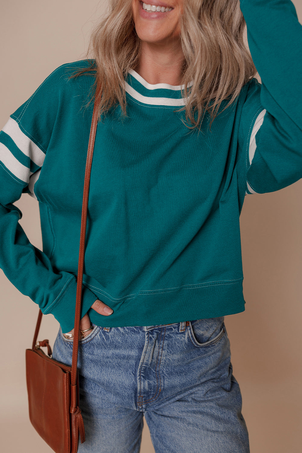 Blackish Green Contrast Striped Patchwork Drop Shoulder Sweatshirt