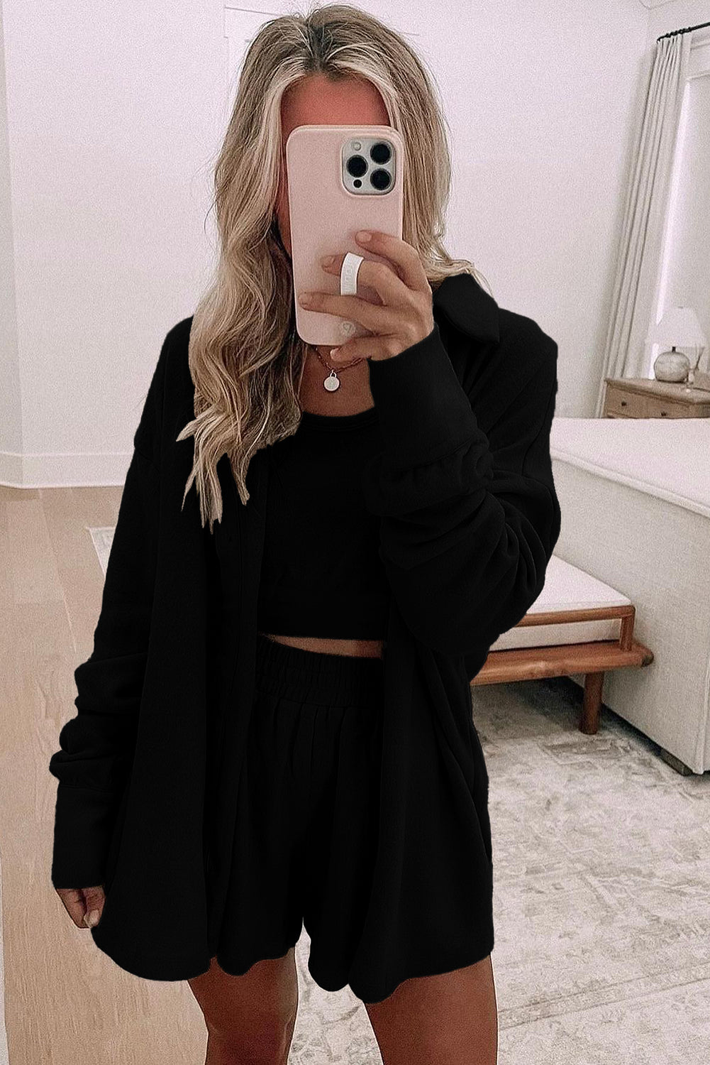 Black Shirred Hem Crop Tank Top Loose Shorts Cardigan 3 Piece Pajama Set