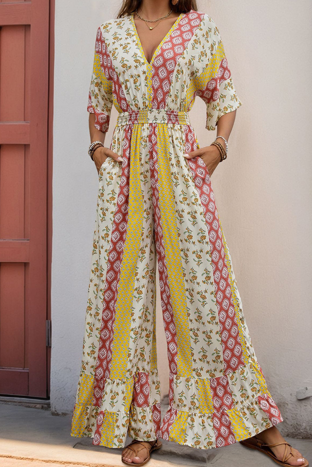 Yellow Boho V Neck Half Sleeve Patchwork Maxi Dress