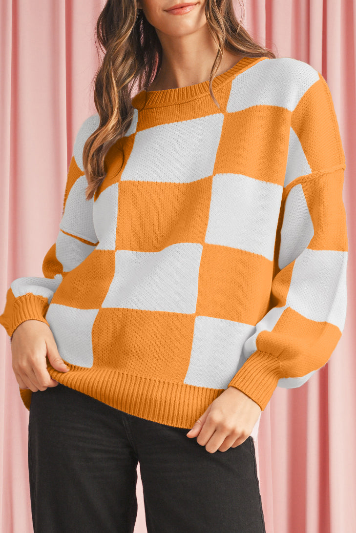 Orange & White Plaid Exposed Seam Bishop Sleeve Sweater